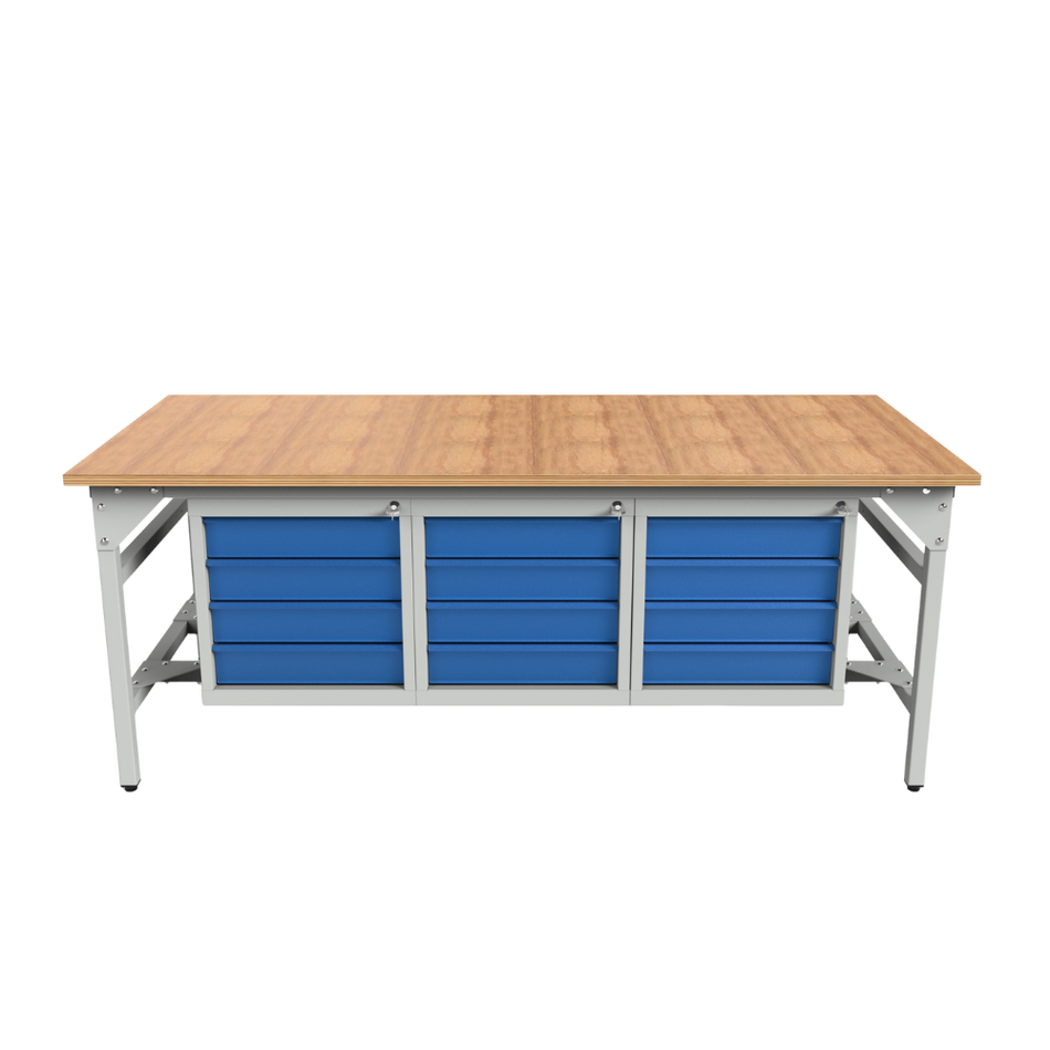 Heavy Duty Storage Workbench 2000L x 900W – With Three Cabinets - Plywood Top Table (500kg Load)