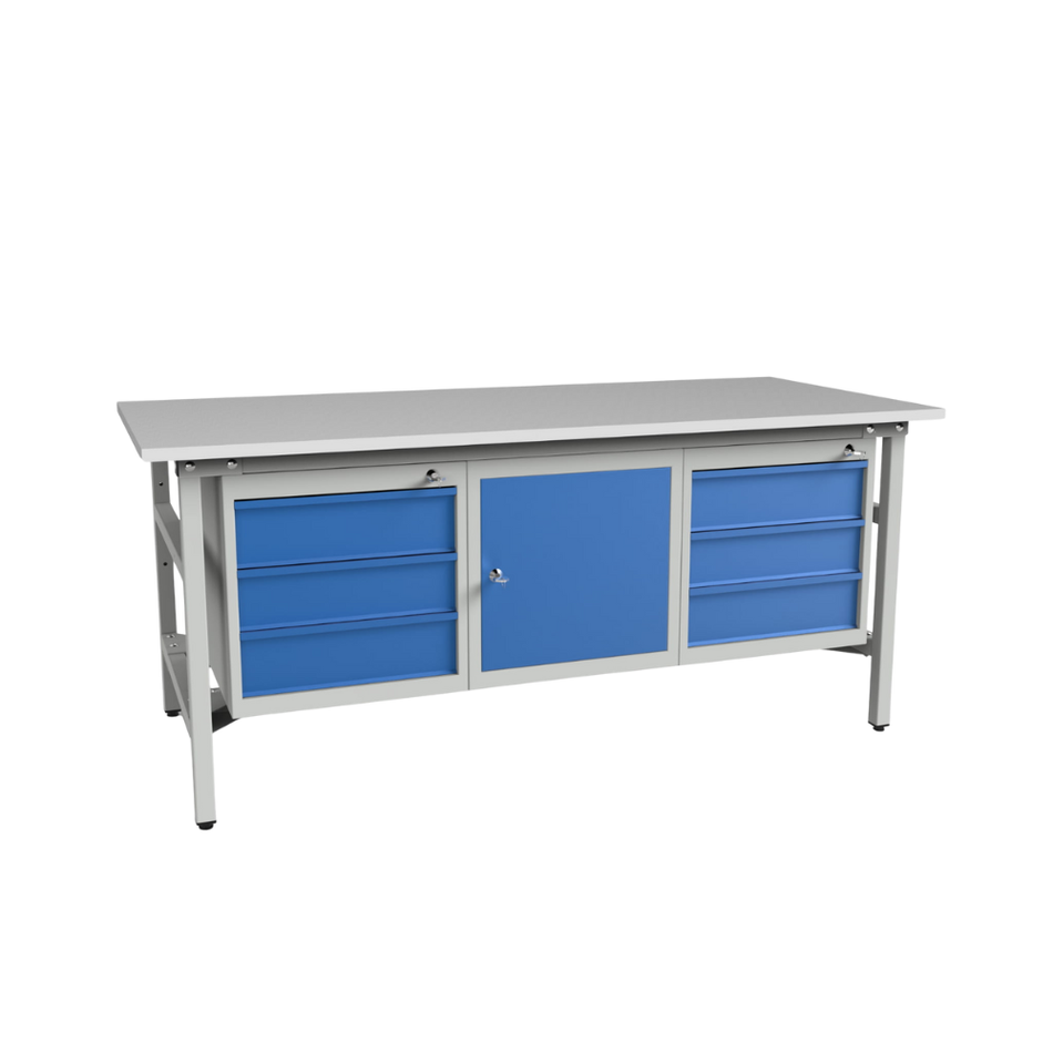 Heavy Duty Storage Workbench 2000L x 900W – With Three Cabinets - Laminated Board Top Table (500kg Load)