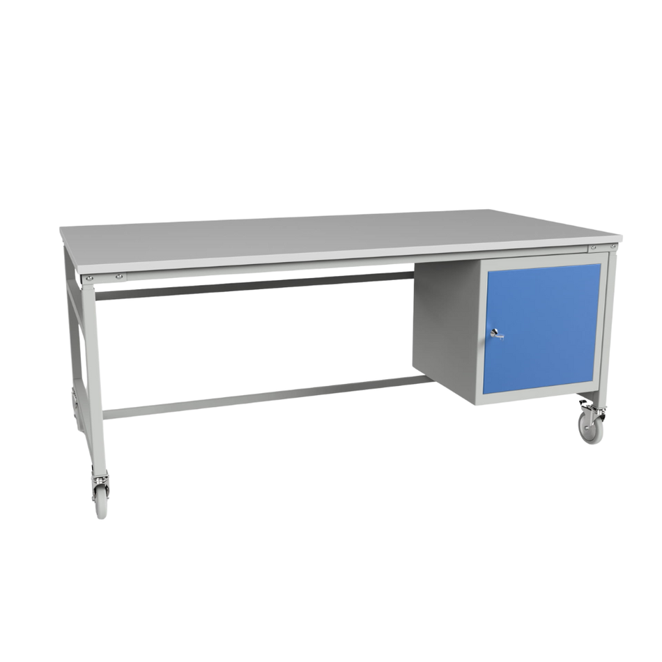 Mobile Workbench with Height Adjustment & Cabinet – Workshop Storage Workbench