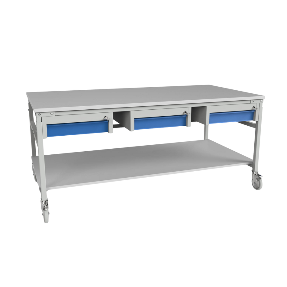 Mobile Workbench with Height Adjustment & Three Drawers – Workshop Workstation