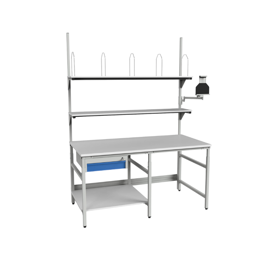 Packaging Workstation with Tablet Holder, Shelves & Drawer – Industrial Packing Bench