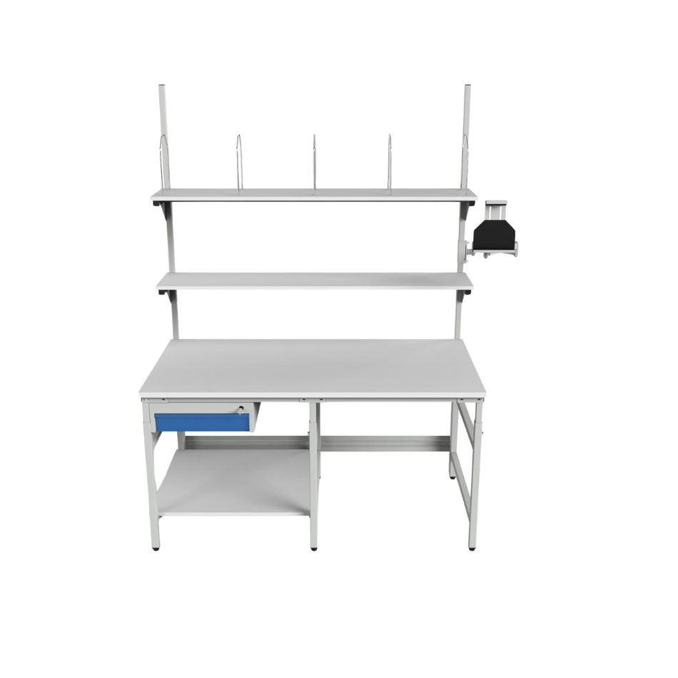 Packaging Workstation with Tablet Holder, Shelves & Drawer – Industrial Packing Bench